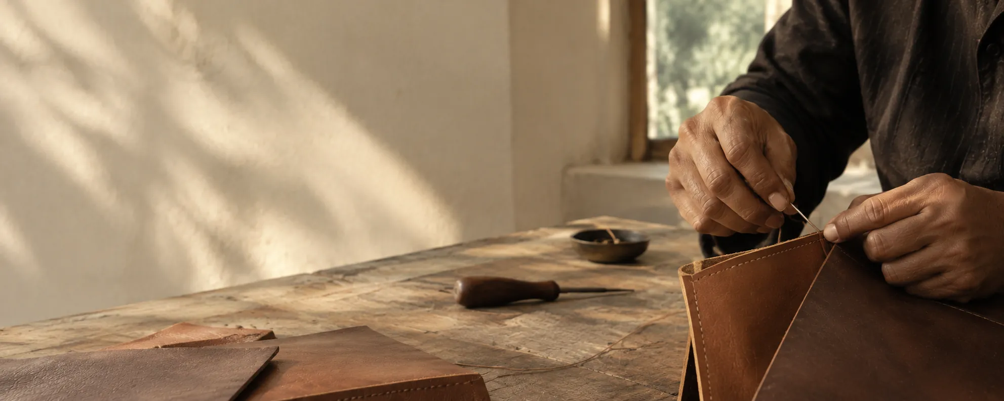 Artisan hand-stitching leather in sunlit workshop